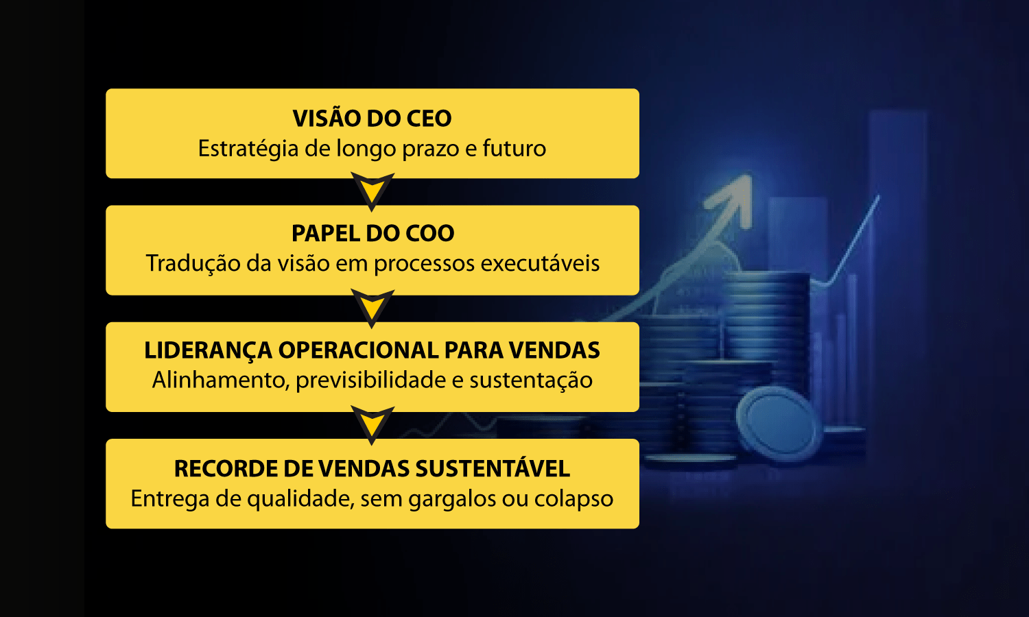 Fluxograma vertical em formato de cascata mostrando a relação entre a Visão do CEO, Papel do COO, Liderança Operacional e Recorde de Vendas Sustentável